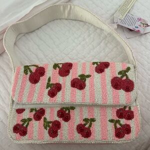 Chic Beaded Cherry Shoulder Bag in Pink and White